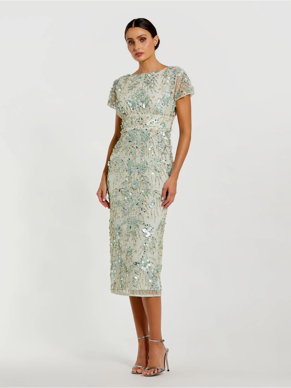 Mac Duggal 94150 Green Embellished Cap Sleeve Midi Dress sz 2
